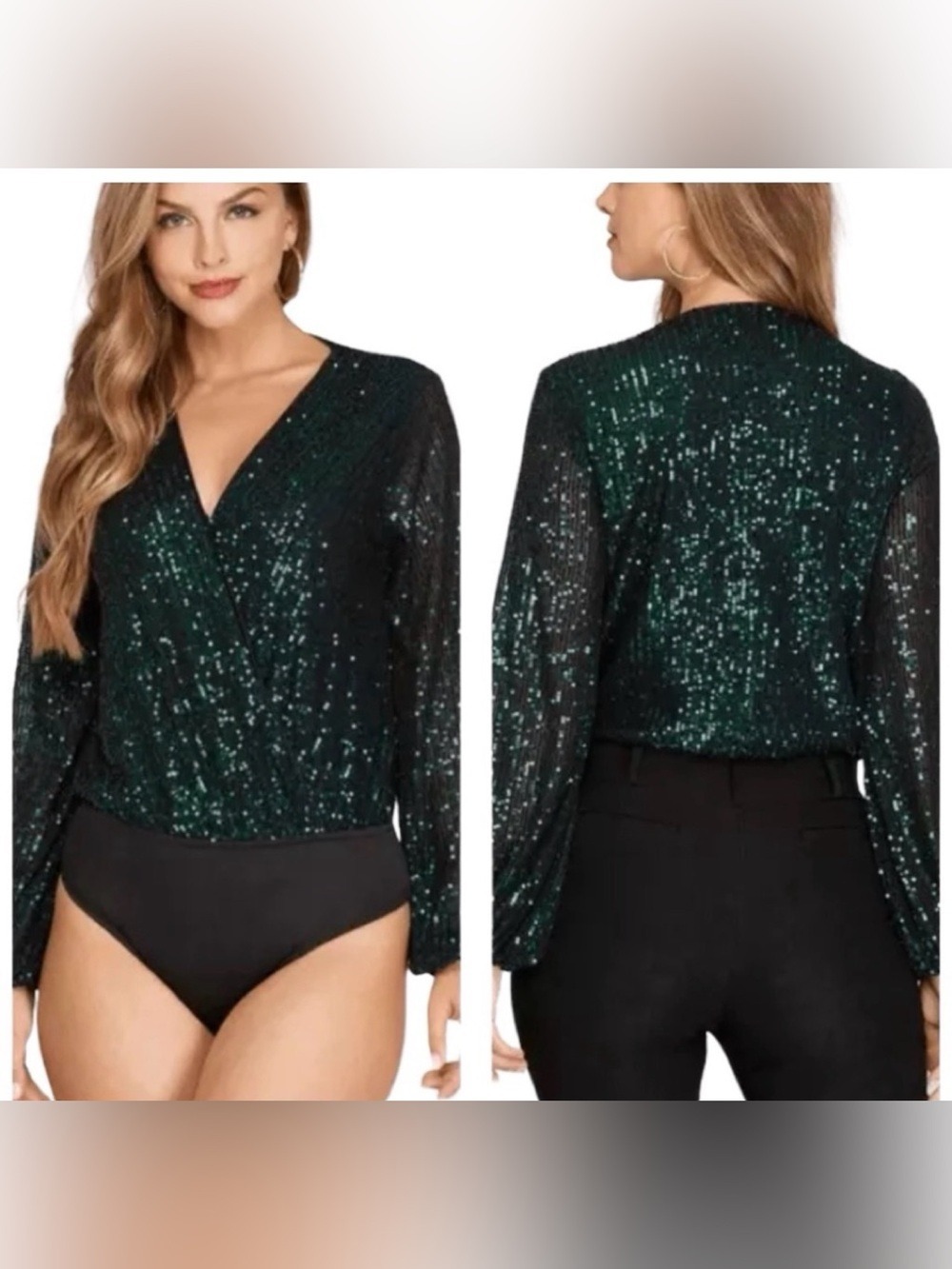 Rachel Zoe Emerald Green Sequin Wrap-Front Long Sleeve Bodysuit Sz L NWT